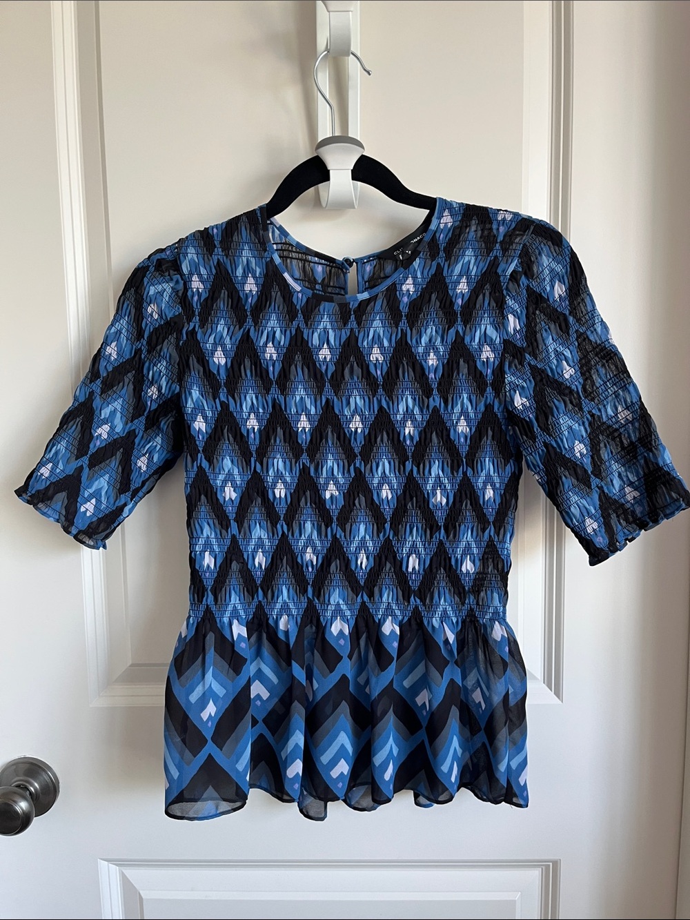 Club Monaco Blue and Black Geometric Smocked Peplum Blouse